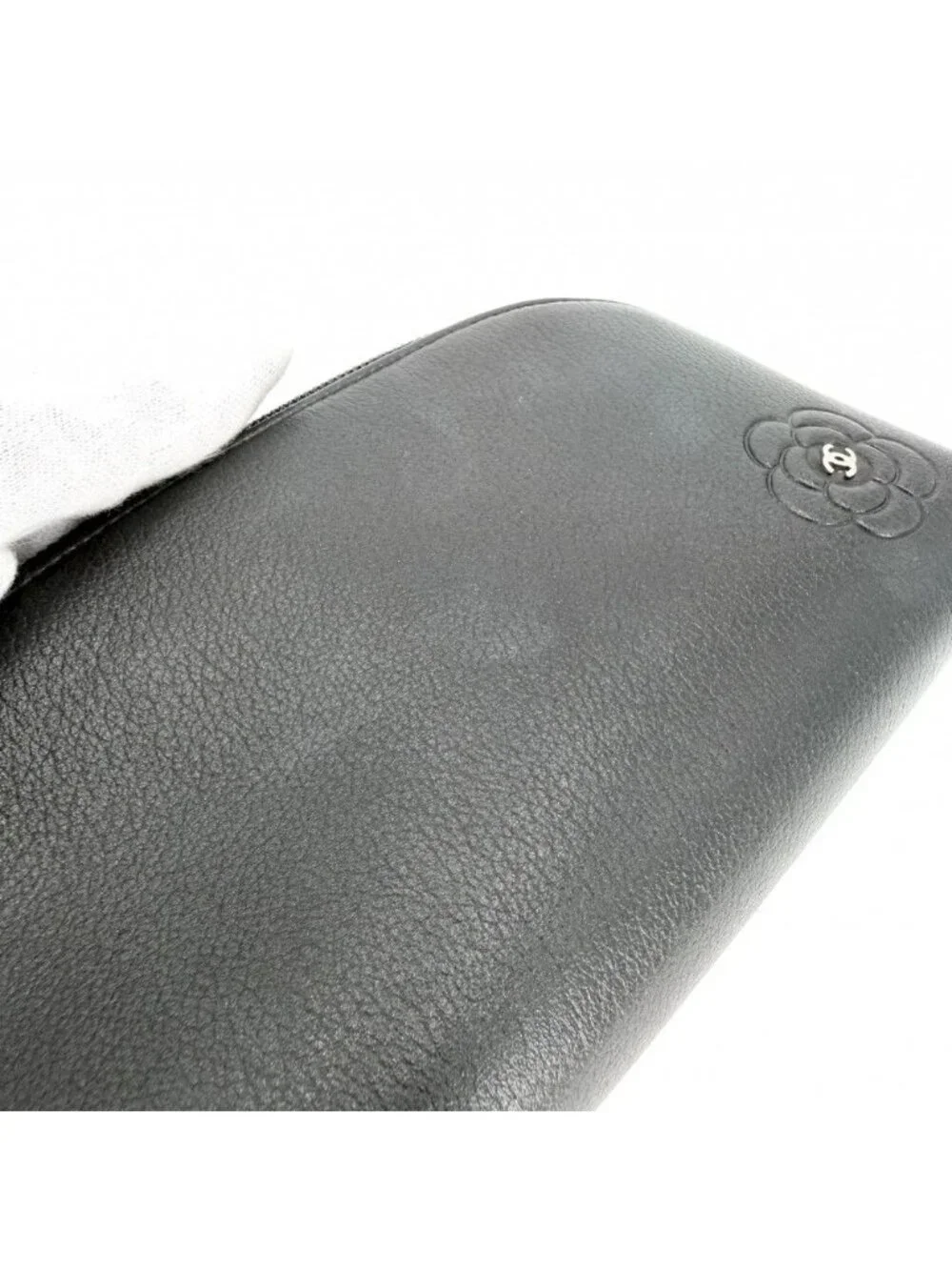 Chanel Pouch Camellia CC Logo Case Leather Black Silver